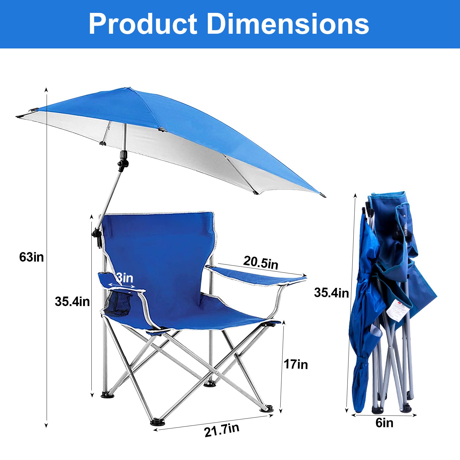 Foldable Beach Chair with Detachable Umbrella Armrest Adjustable Canopy Stool with Cup Holder Carry Bag for Camping Poolside Travel Picnic Lawn Chair Doba